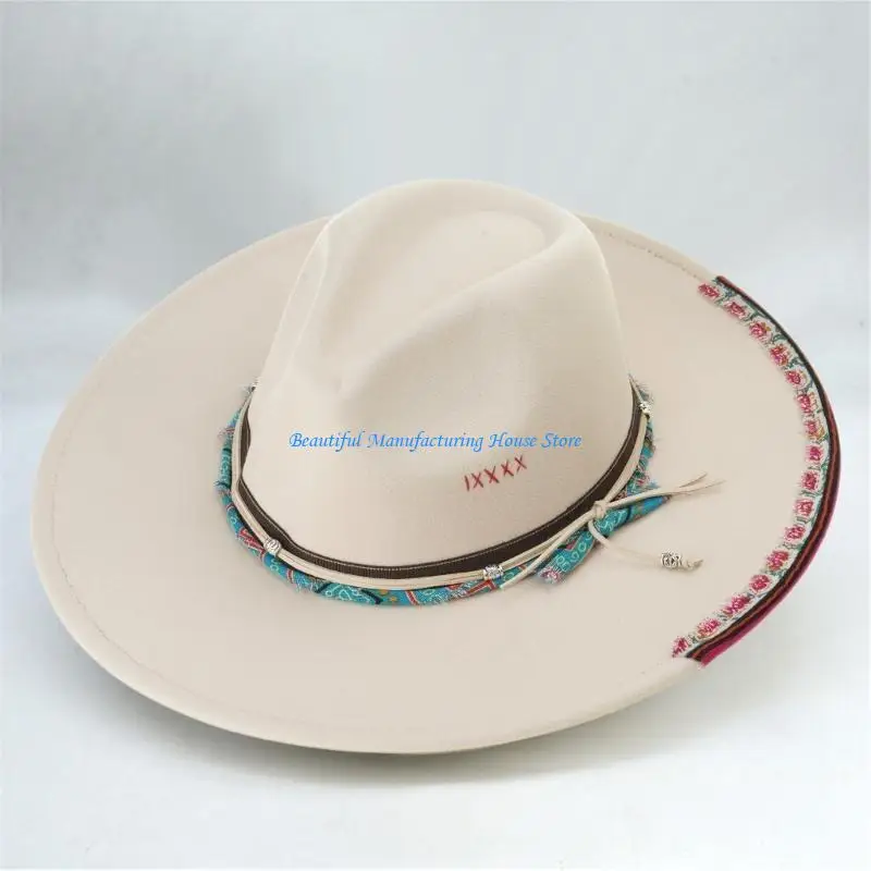 

E56A Comfortable Fedoras Hat with Ethnic Hat Rope Woman Wear Resistant Ethnic Fedoras Hat Adult Teen Outdoor Sunproof Hat