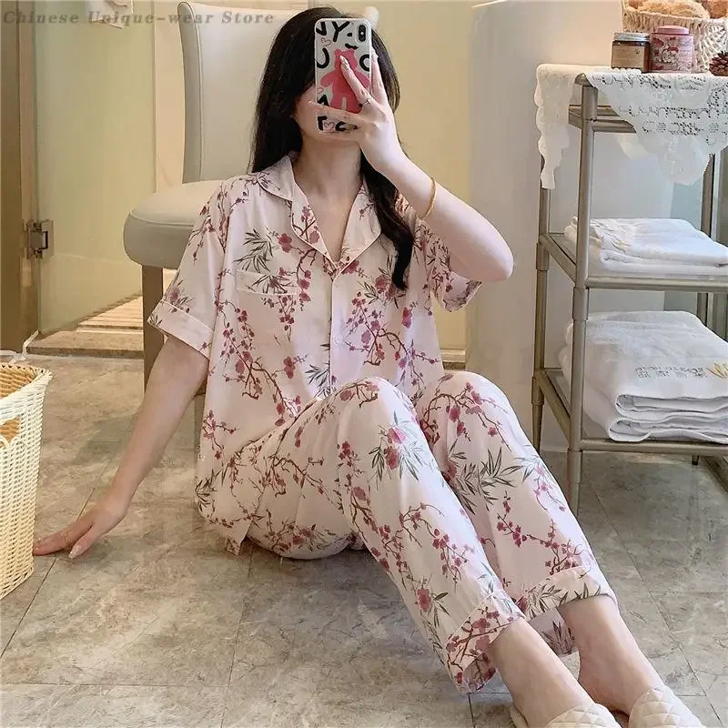 

2025 Summer Short Sleeve Sleepwear Women's Lapel Home Clothes Loungewear Cotton Flower Print 2 Piece Set Nightwear Pijama Mujer