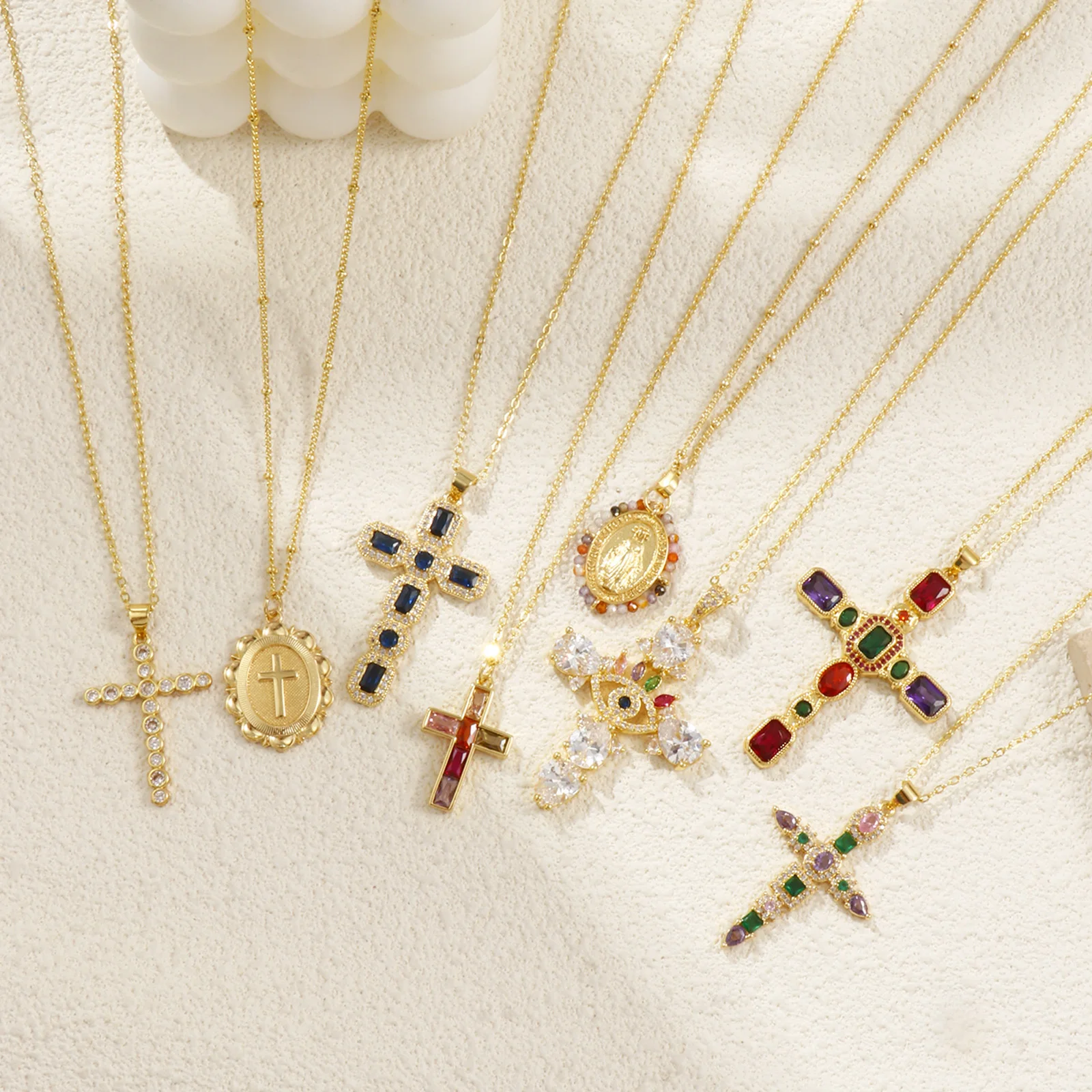 1pc Religious Brass Necklace Gold Color Link Chains Cross Oval Multicolor Rhinestone Pendant Necklace For Women Party Jewelry