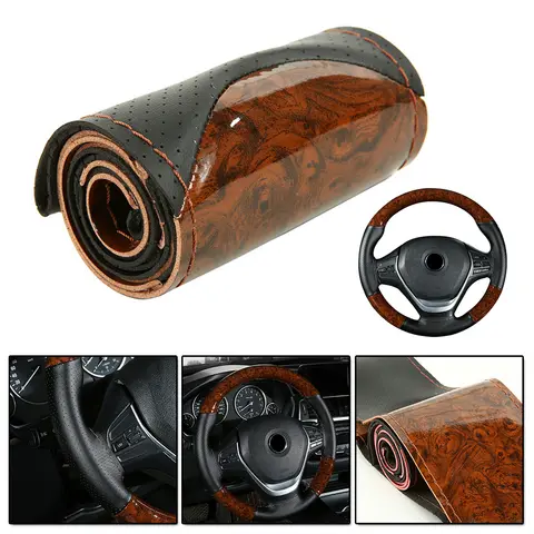 Custom Fit Peach Wood DIY Car Truck Leather Cover for Steering Wheel Stitch It Yourself with Needles and Thread