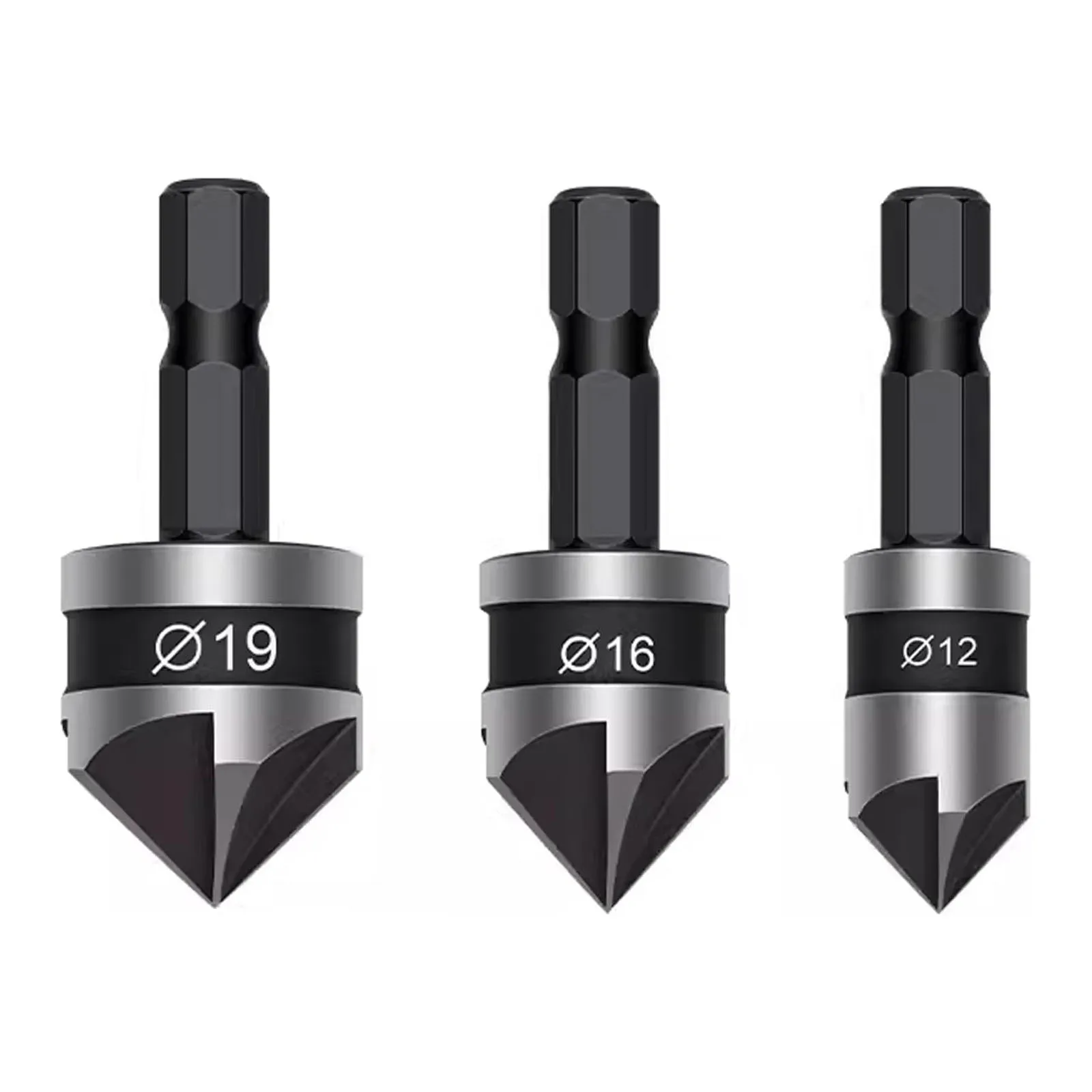 

Φ12/16/19mm 5-blade Chamferer, 90 Degree High Carbon Steel Reaming Drill Screw Deburring Chamfer for Aluminium, Wood, PCV Board