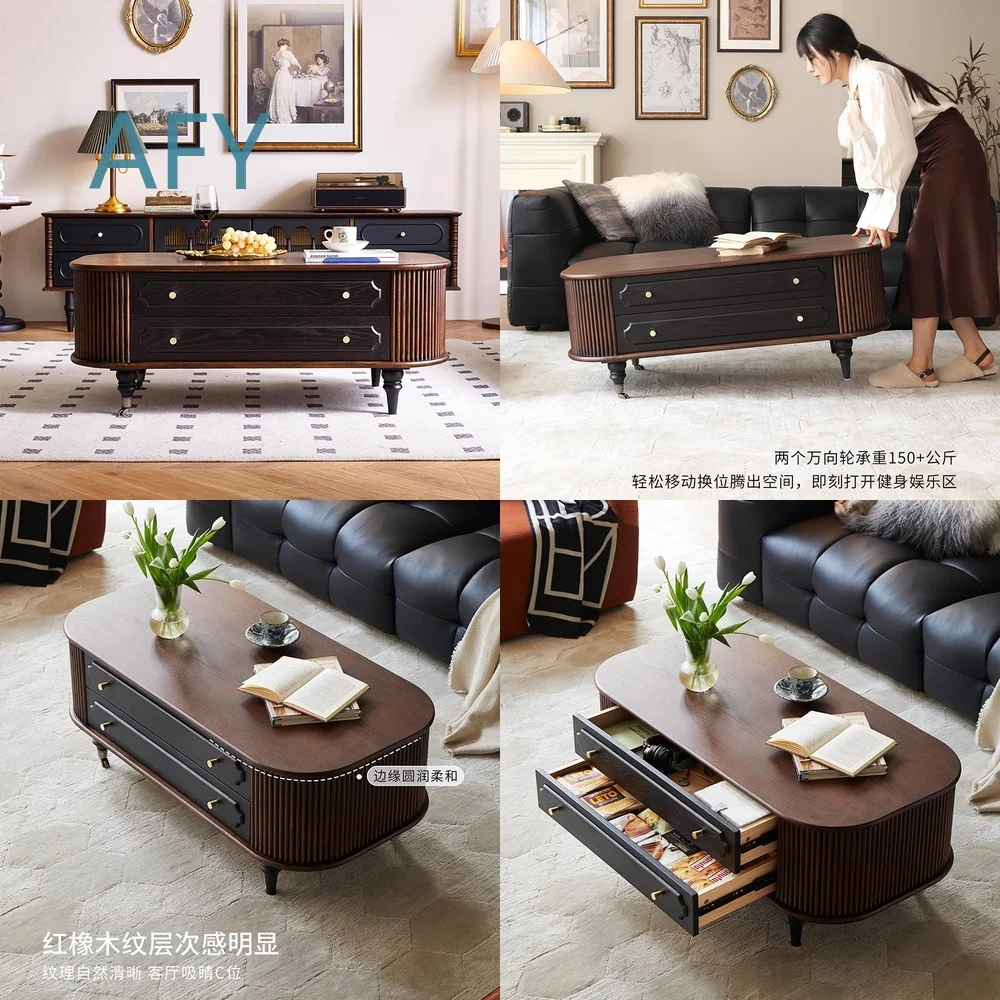 French Vintage Oval Coffee Table for Living Room Wooden TV Stand with Storage Cabinet Mid Century Modern Side Table for Sofa
