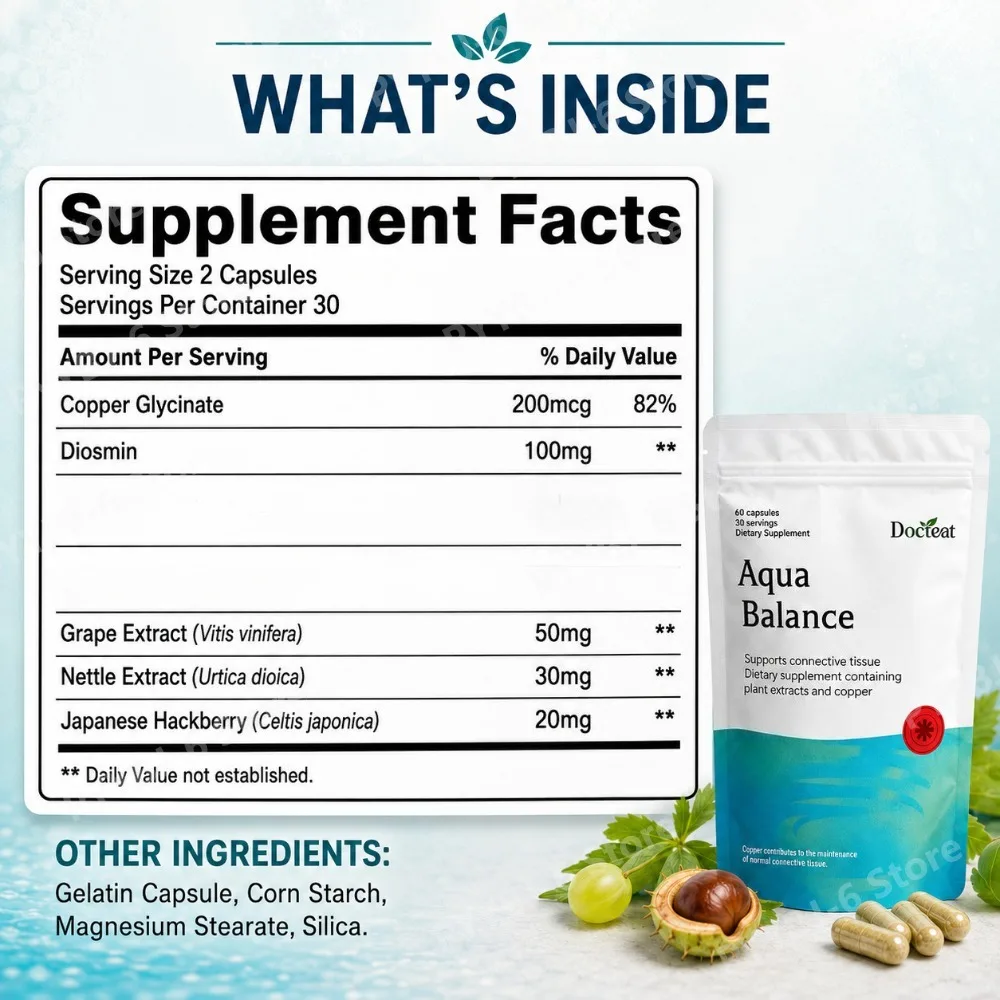 Docteat Copper Glycinate Capsules Diosmin Grape Seed Extract Nettle Extract 60 Capsules Antioxidant Support Caffeine-free
