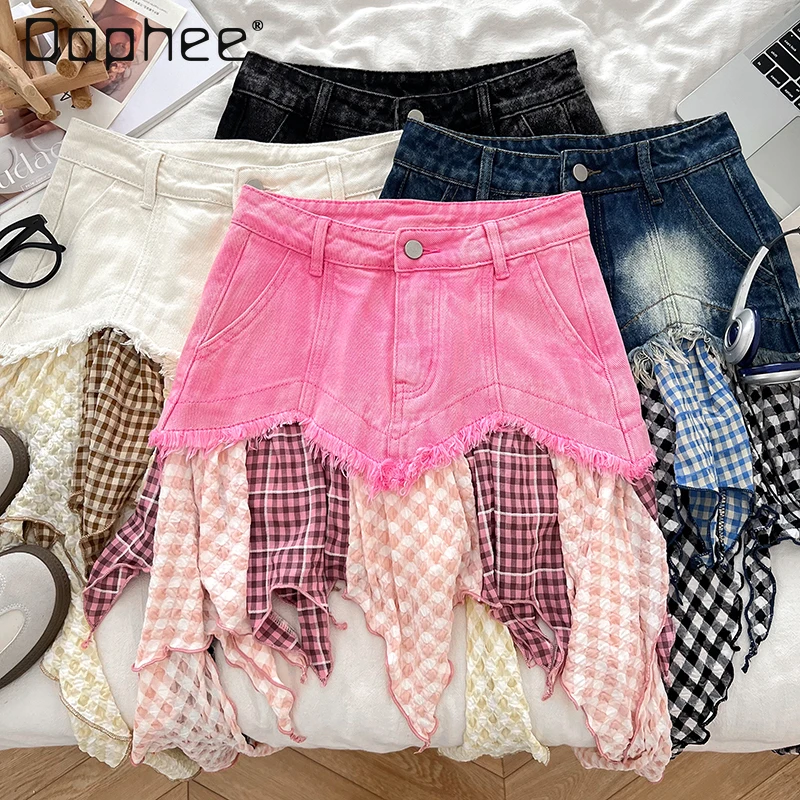 

Street Trendy Irregular Plaid Ruffle Edge Splicing High Waist Slim Denim Skirt Women Summer Spice Girl Y2K Fashion Mini Skirt