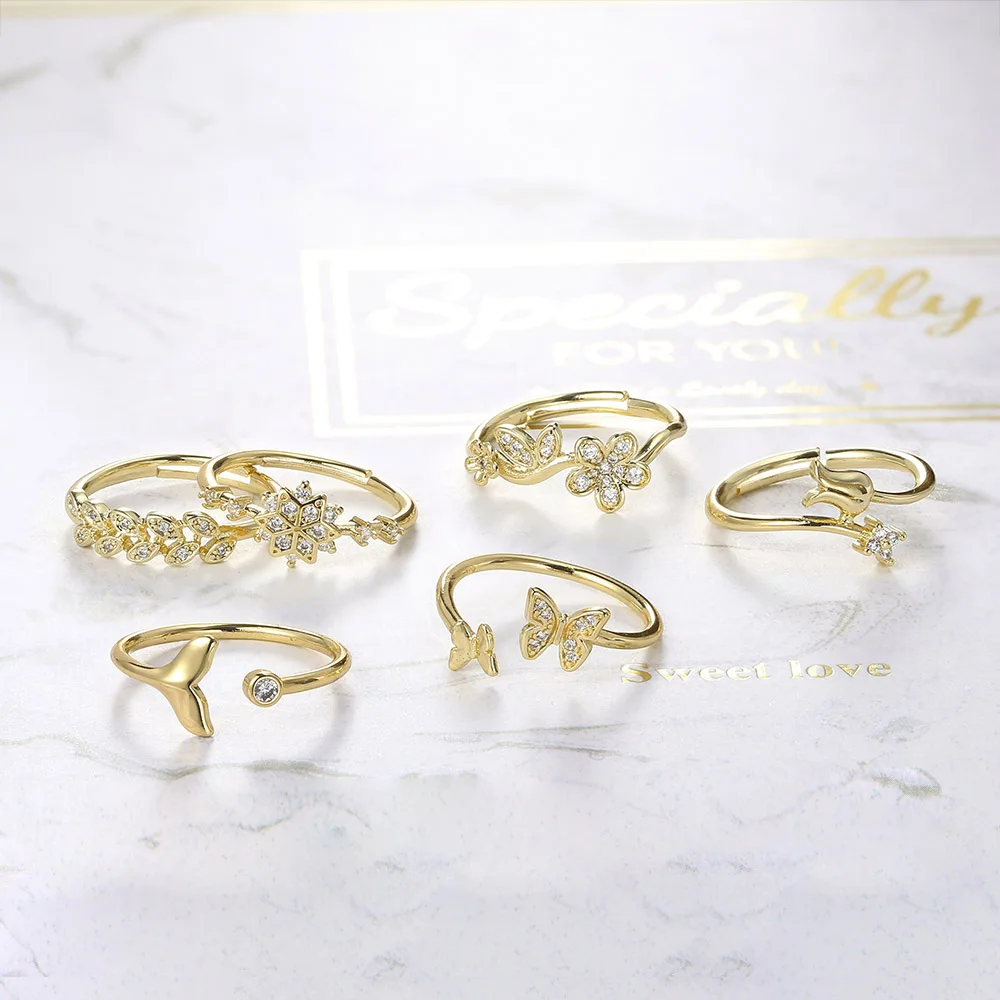 Adjustable Mermaid Butterfly Dainty Rings For Women Aesthetic Gold Color Crystal Cute Thin Matching Ring Accessories Jewelry