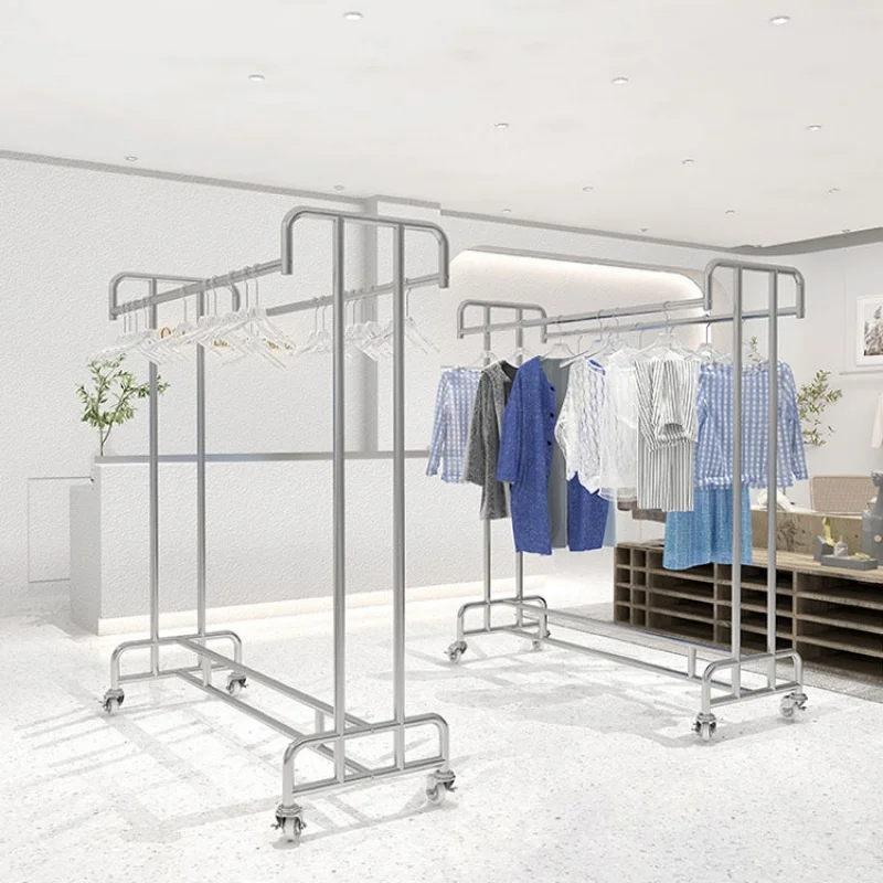 

Custom, silver double stainless steel clothing display rack garment hanging shelf with wheels