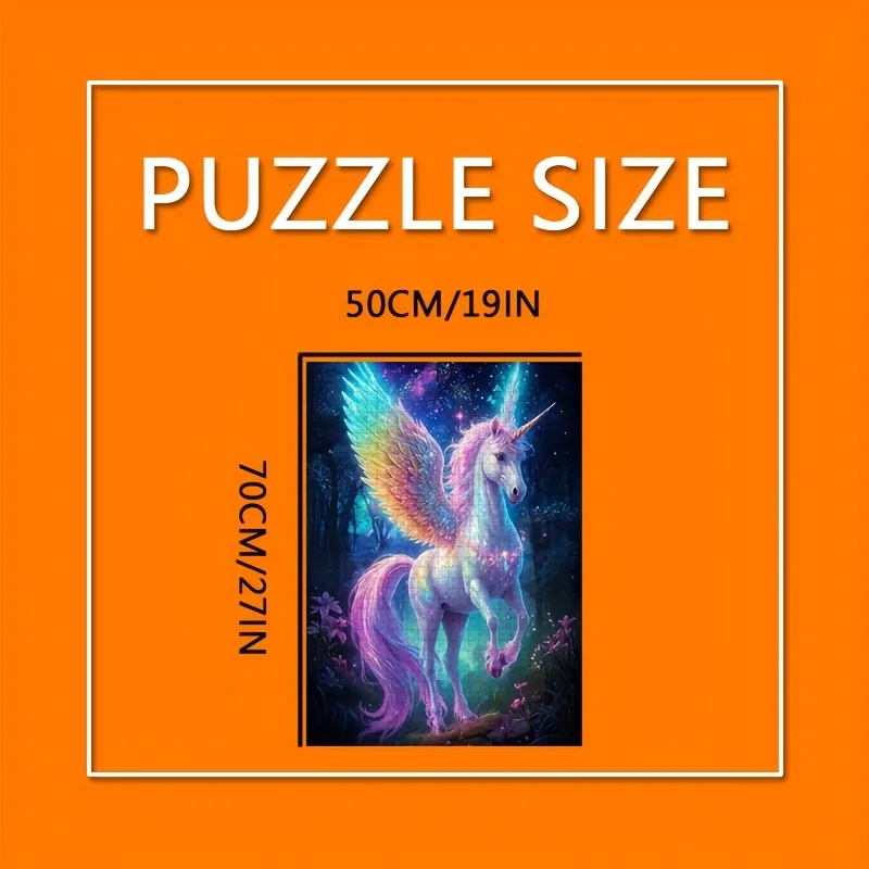 Puzzle fantaisie licorne 1000 pièces, forêt enchantée avec ailes lumineuses, fleurs et étoiles lumineuses, illustration sans bordure