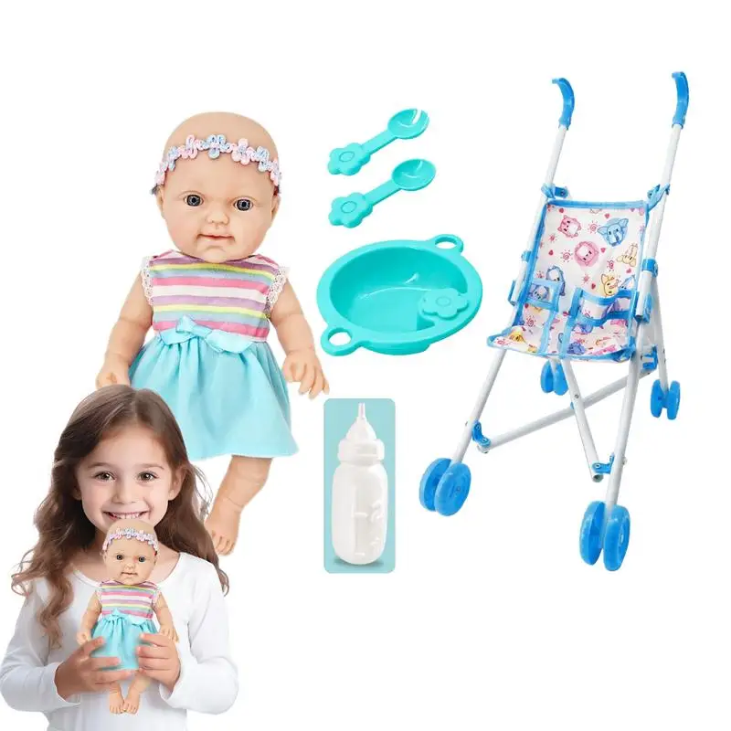 Muñeca con cochecito, accesorios para muñecas pequeñas, juego de simulación realista, juego de muñecas de 10 pulgadas con cochecito, accesorios para muñecas