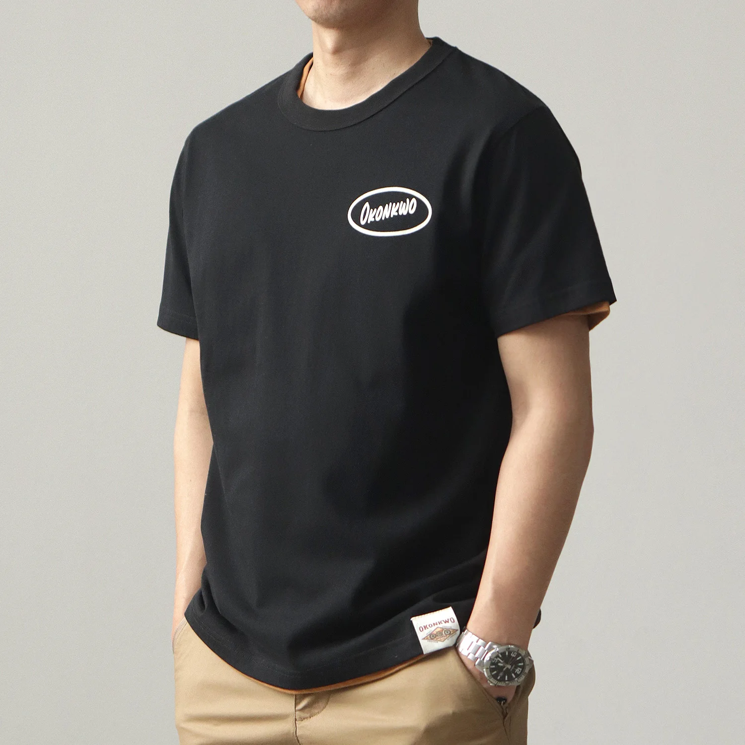 Summer men's retro motorcycle helmet printed T-shirt, Amekaki loose casual pure cotton round neck short sleeve