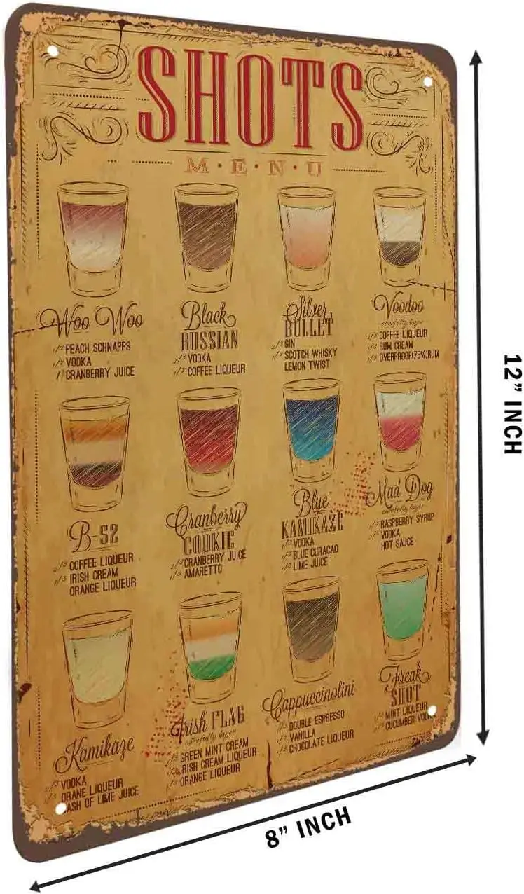 Shots Menu Tin Sign Bottle Drinks Coffee Glass Bar Cocktail Mix Color Striped Sketch Line Vintage Metal Tin Signs for