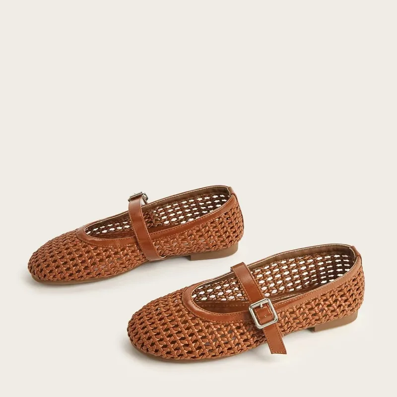 

Роскошная женская обувь 2025 года, высококачественные балетки Tengcao ручной работы с полой сеткой, повседневная обувь с плоской пряжкой 35–43