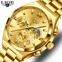 LIGE Luxury Man Watch Waterproof Calendar Business Quartz Wristwatch Fashion Moon Phase Gold Stainless Steel Men Watches Clock