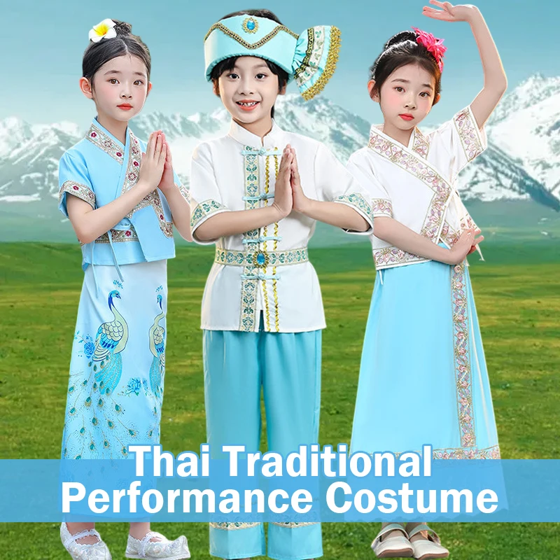 

Комплект из топа и юбки в азиатском стиле для девочек, костюм для танца на фестивале Сонгкран, тайская традиционная одежда, этническое платье для сценических выступлений