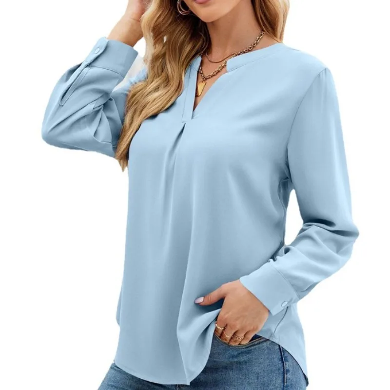 

Spring and Autumn Women's Pullover V-neck Button Solid Chiffon Bottom Shirt Shirring Long Sleeve Fashion Elegant Casual Tops