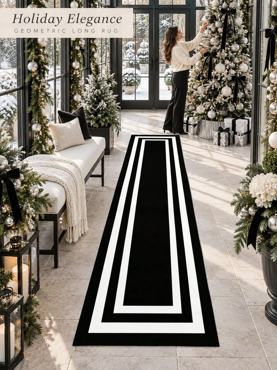 Rectangle Border Aisle Runners Hallway Kitchen Entryway Runner Rugs with Line Frame Living Room Floor Decor Long Carpet Bedroom Corridor Apartment Home Foyer Christmas Thanksgiving Anniversary Birthday Housewarming Gifts for Family and Friends