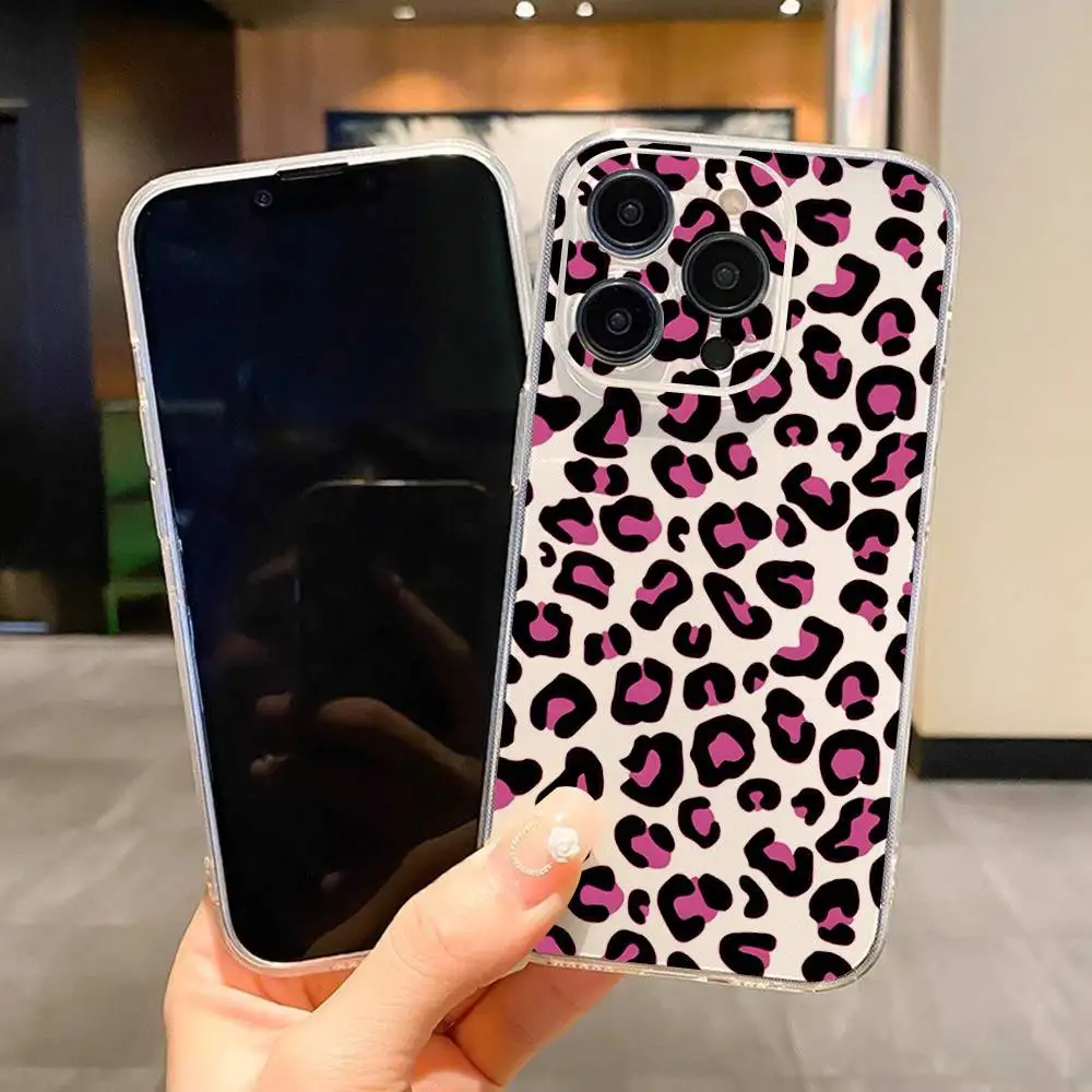 1pc Pink Leopard Print Phone Case Transparent For IPhone 17 16 15 14 13 12 11 PRO MAX PLUS Mini Soft Skin-friendly Cover