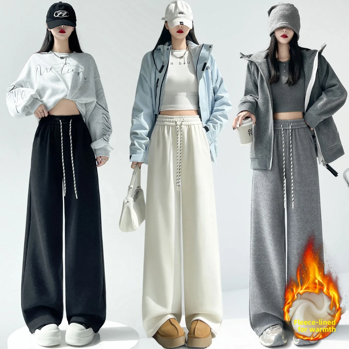 High Waist Wide Leg Pants Women's Fce Lined Camere Loose Fit Casual Straight Leg Floor Length Trousers Korean Sle