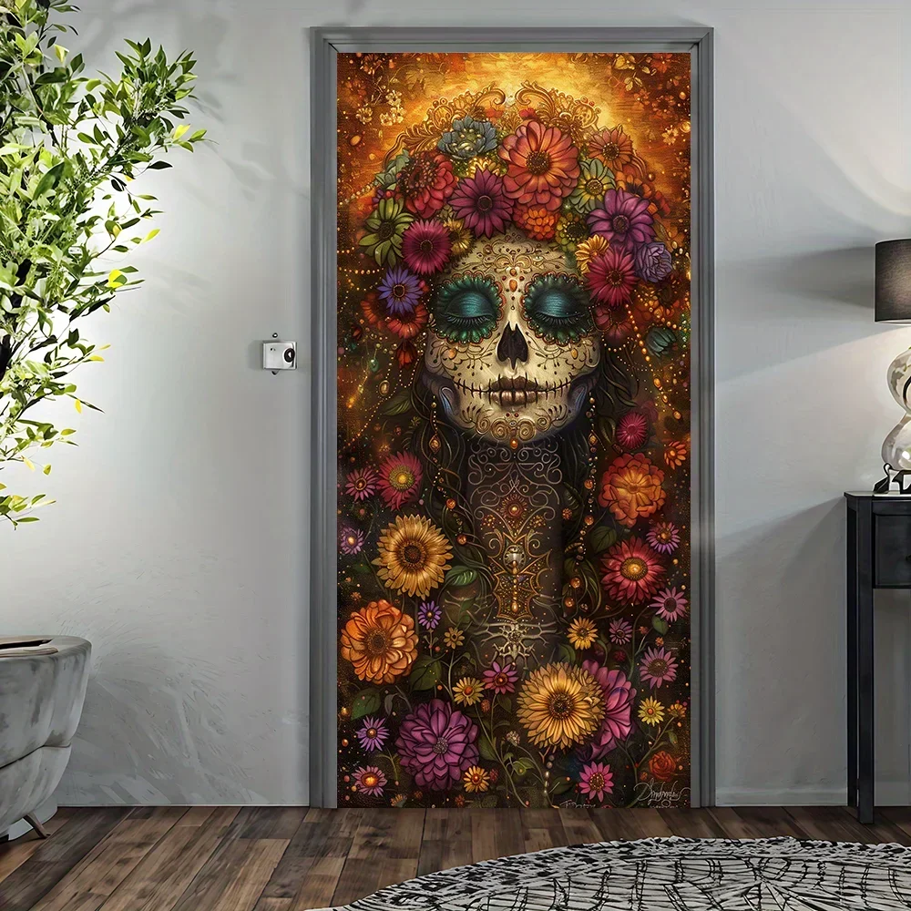 Tenda per porta con teschio floreale vintage - Design con calendula e scheletro, perfetta per l\'arredamento di Halloween e Día de Los Muertos