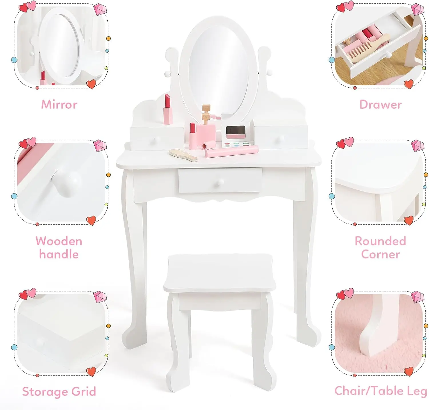 Vanity Set with Mirror, Makeup Table and Stool for Girls, Vanity Desk and Chair with Wood Makeup Playset for 4-9 Girls, White