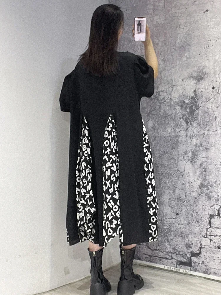 XITAO Loose Casual T-shirt Dress Contrast Color Letter Print Splicing Hem 2025 Summer New Simplicity O-neck Women GJ0007