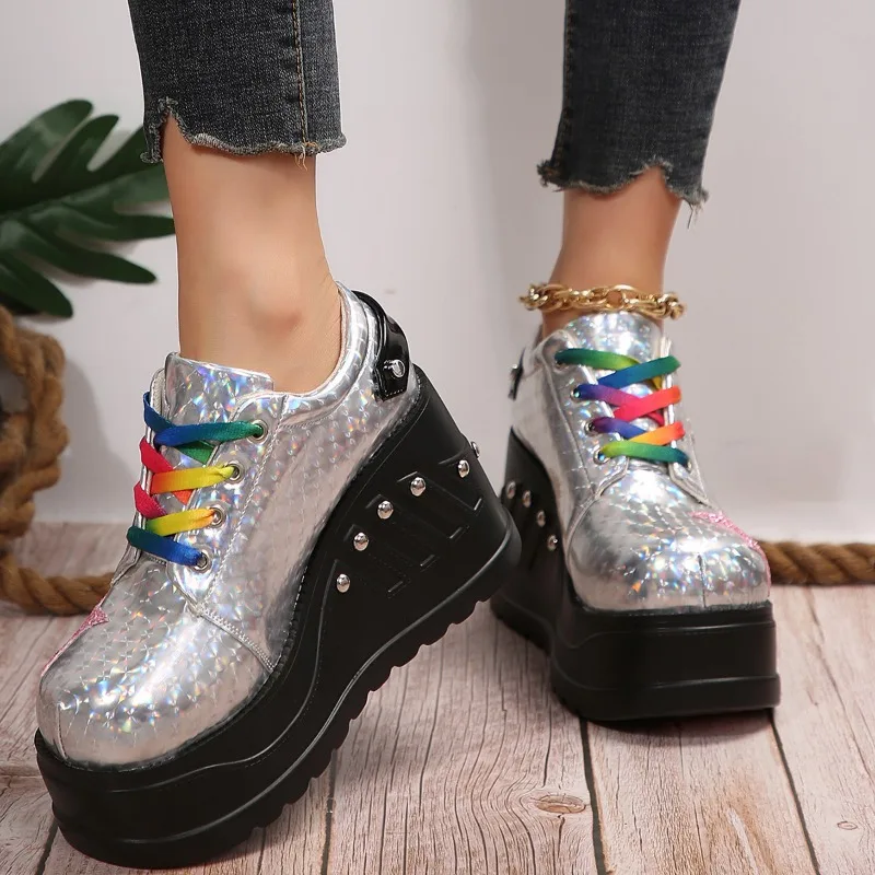 Gothic Chunky Platform Wedges Shoes Women 2024 New Sweet Cute Fashion Pumps Shiny Silver Ladies Mary Jane Single Shoes Zapatos