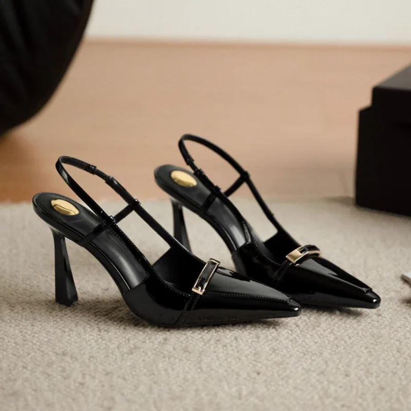 

2025 Luxury Shoes Designer Summer Sandalias One-step Heels Strange Style Stilettos Heeled Sandals Sqaure Toe Metal Decor Women