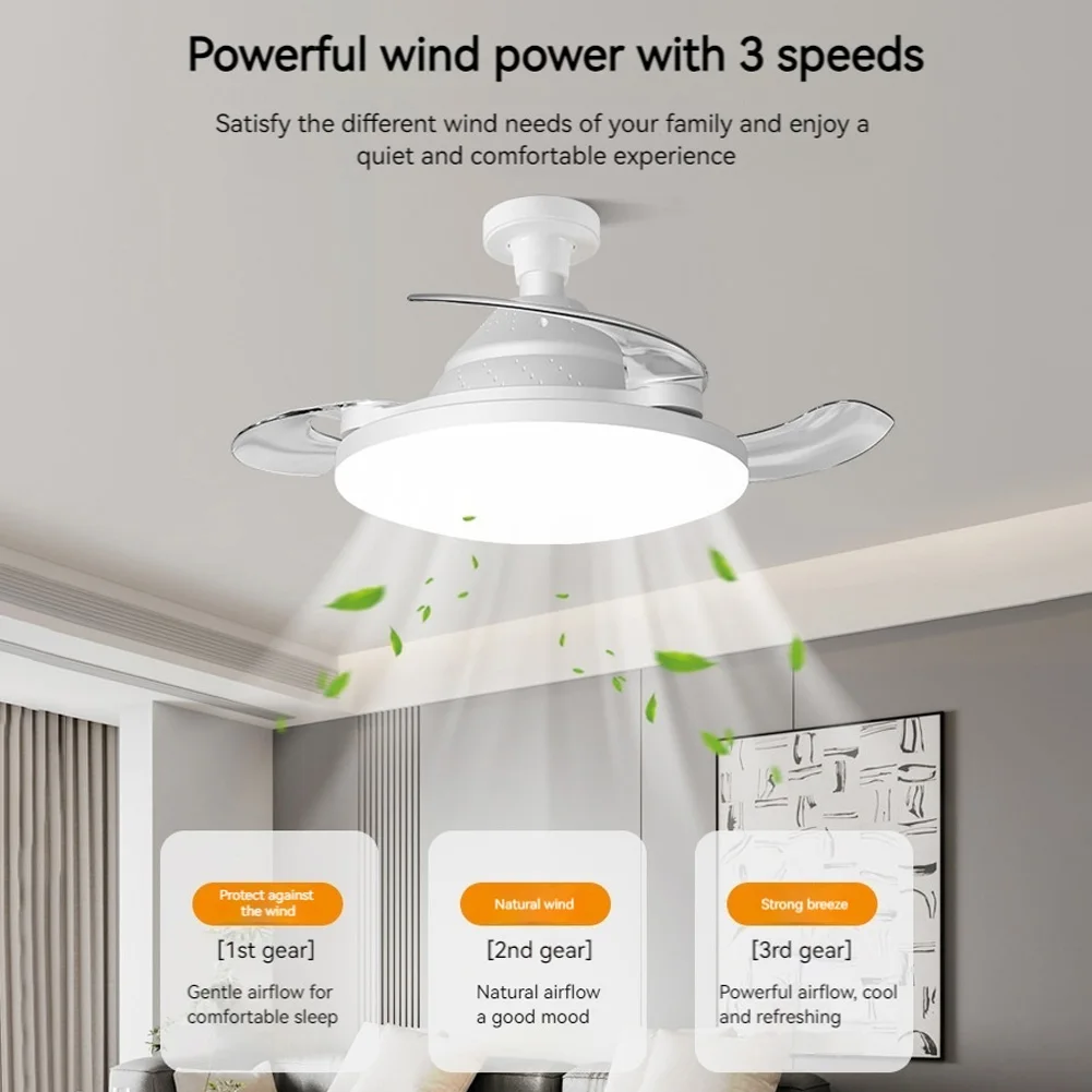 

Invisible Ceiling Fan with LED Light Large Air Volume Remote Control Chandelier Fan E27 Hall Screw Lamp for Bedroom Dining Room