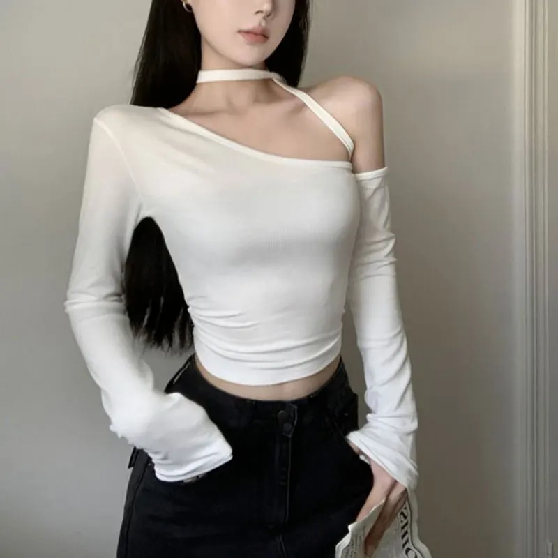 Irregular Skew Collar Slim T-shirts Female Clothing Solid Color Basic Spring Autumn Long Sleeve Stylish Off Shoulder Pullovers