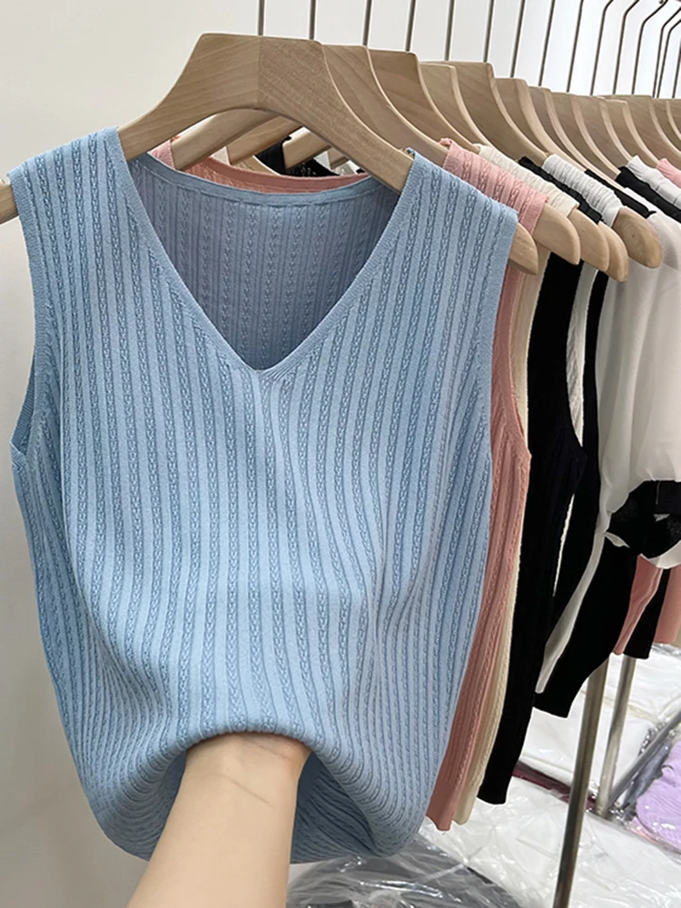 Summer Versatile Knit Sleeveless Tops Women Basic Solid Tank Tops Casual V-neck Slim Thin Tees Female Tops Ice shreds Vest