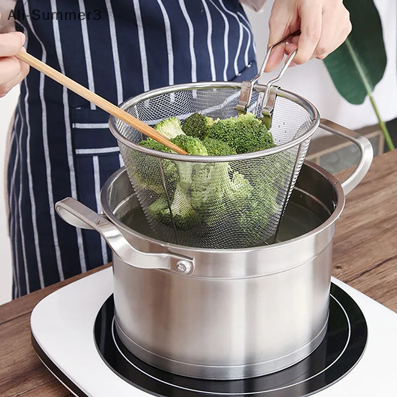 الفرنسية رقاقة القلي مصفاة سلة الفولاذ المقاوم للصدأ سلة القلي العميق المطبخ المقلاة المستديرة شبكة سلكية مع مقبض شبكات مصفاة الأسلاك