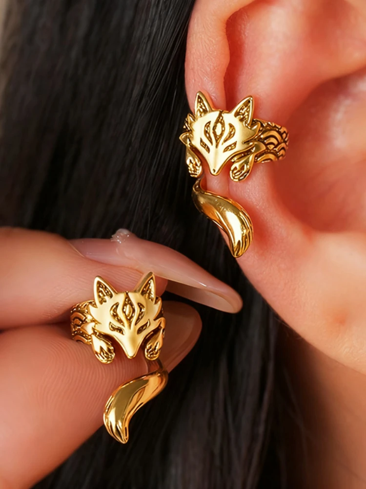 Huitan Kreative Fuchs-förmige Clip-Ohrringe, nicht durchdringende Manschettenohrringe für Frauen, Vintage-Stil, lustiger Tierschmuck