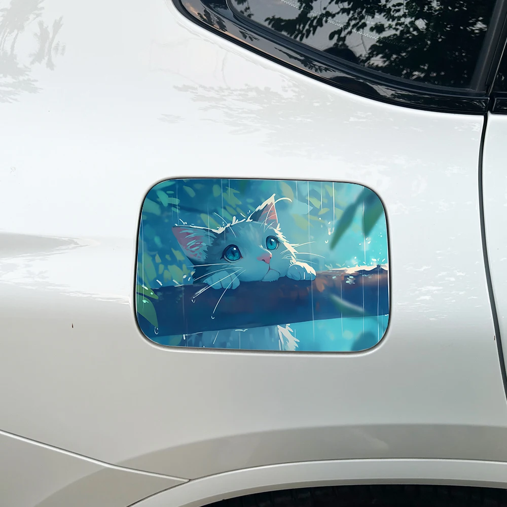1PC Cute White Cat Rain Anime Car Sticker Waterproof PET Decal for Fuel Tank Window Customizable for All Cars view 2