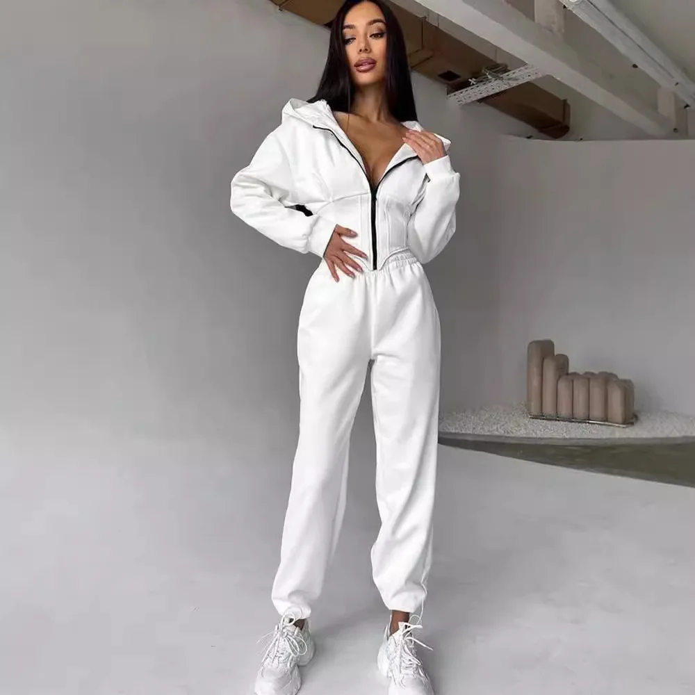 European American Style Spring Autumn Women's Clothing Pure Color Waist-binding Hooded Sweater Casual Pants Two-piece Sportswear