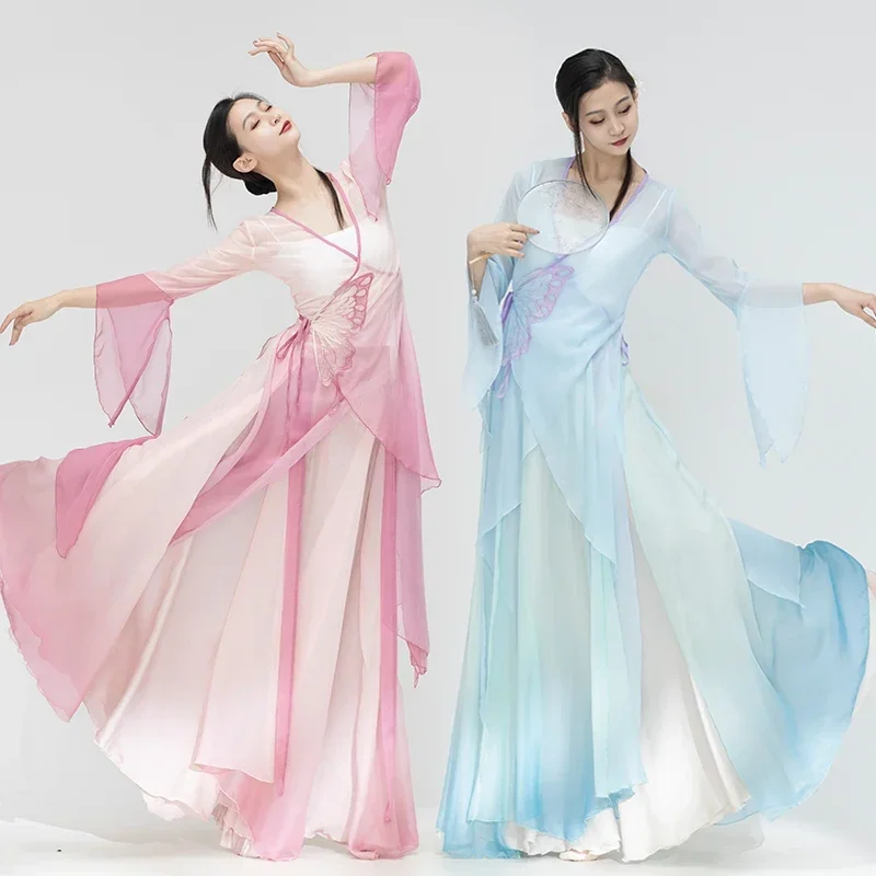 

WATER Classical Dance Performance Costumes Chinese Women's Chiffon Practice Dancer Clothes Body Rhyme Gauze Fan Folk Dancewear