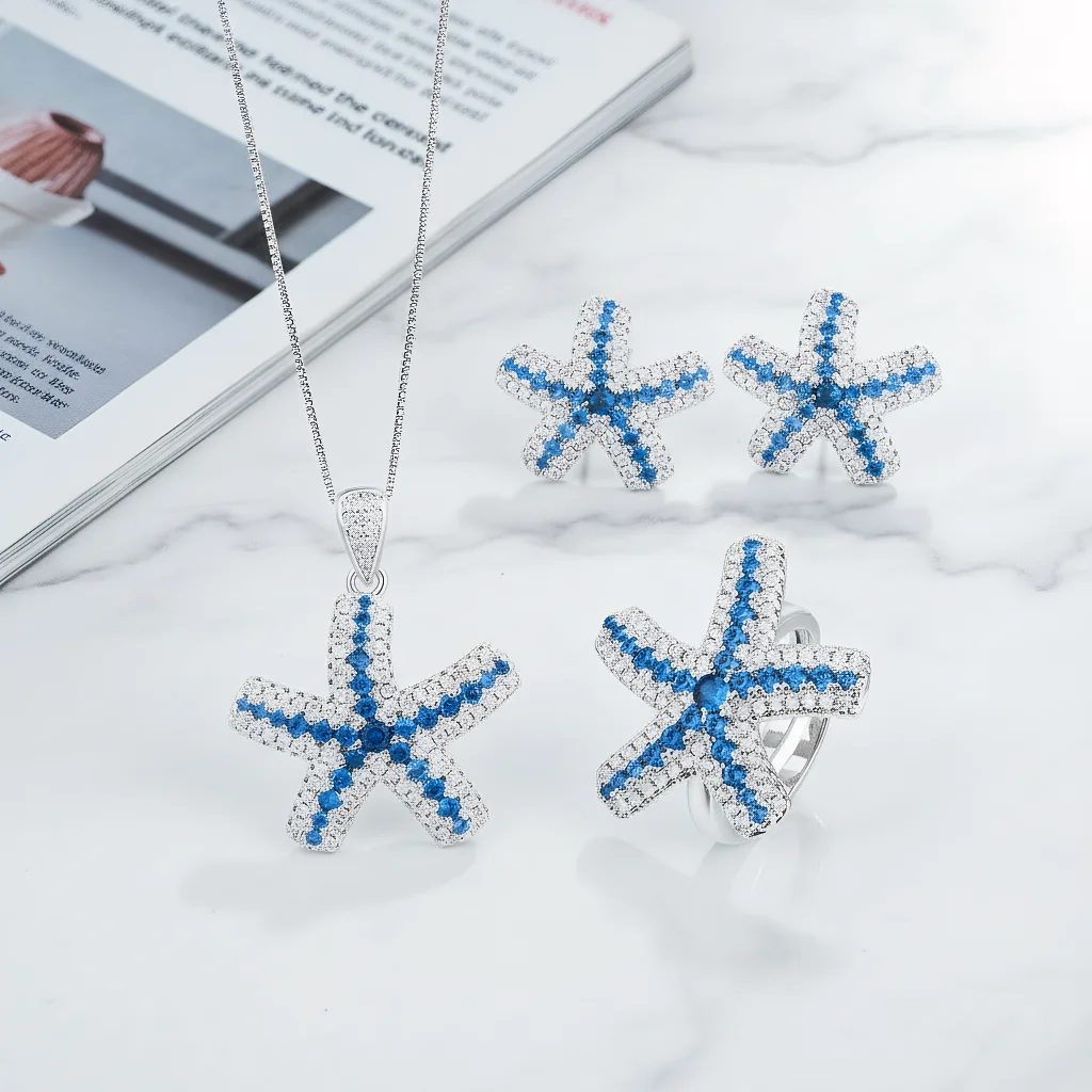 4pcs Elegant Vintage Jewelry Set for Women Sapphire Starfish Necklace Shiny Crystal Choker Bridal Wedding Earrings Party