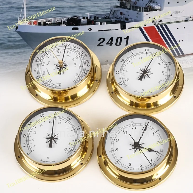 115Mm Copper Shell Marine Barometer Atmospheric Pressure Gauge Thermohygrometer Clock 4-piece Set Battery-Free Weather Forecast