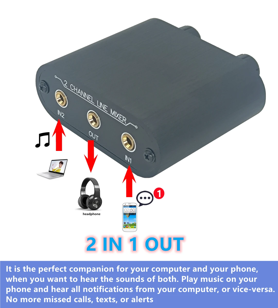 Mini Mixer Passivo com Caixa de Controle, 2 Way Audio Mixer, Entrada 3.5mm, Estéreo 2 to 1, 3.5mm, X21