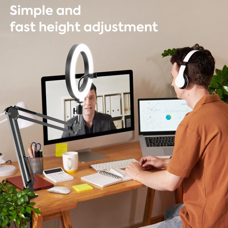 دائرة علوي ضوء حلقة ليد ، ضوء سيلفي USB ، حامل وحامل هاتف ، جهاز تحكم عن بعد ، مصباح صور مكتبي للاجتماع ، فيديو ، 10"