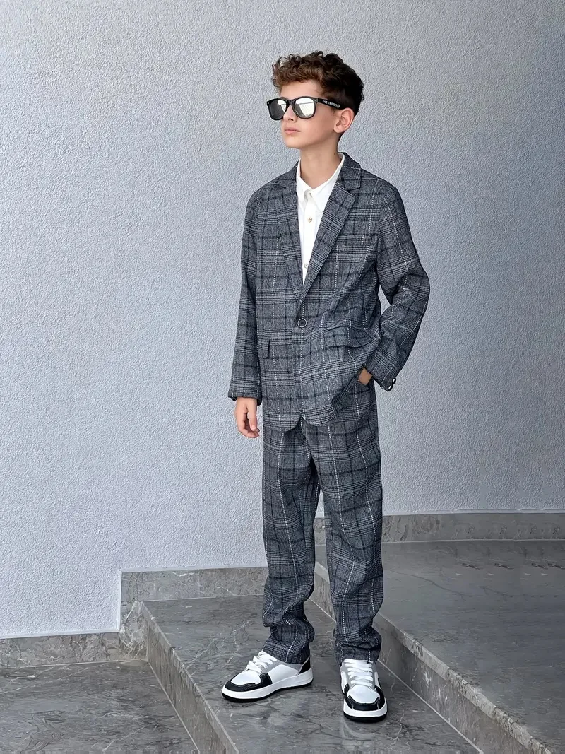 Kid's Dress Formal Single-button Boy's Plaid Fashion Casual Suit 2pcs Set Performance and Speech