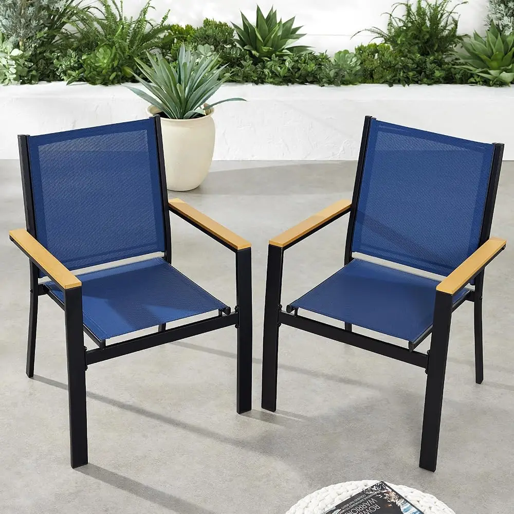 

Set Of 2 Stackable Outdoor Textilene Chairs, All-Weather Conversation Dining Accent Furniture W/Armrests - Black/Navy