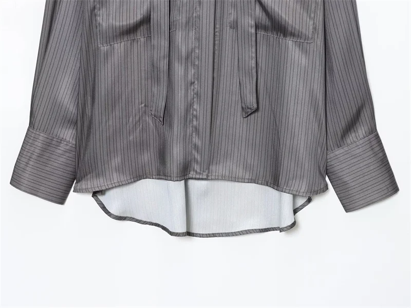 Damen-Hemd 2025, Herbst, neues grau gestreiftes Langarm-Hemd mit Taschendekor und Band, lockere Passform, lässige Mode, Freund