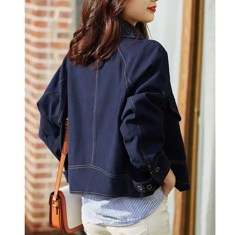 2024 New Spring Autumn Denim Jacket Women Short Full Sleeves Suit Collar Loose Cowboy Coat Female Jean Outwear Female Tops R2455