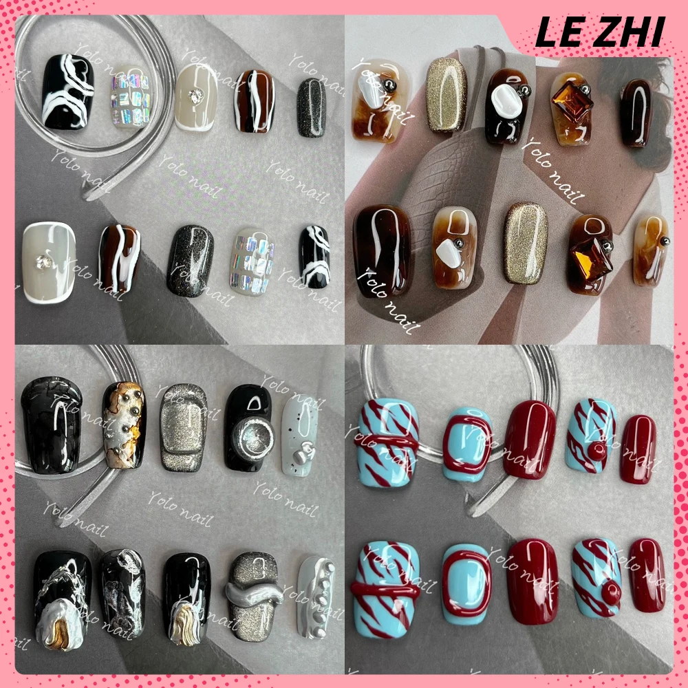 

10Pcs Handmade Square High Quality Press On Nails Glitter Cat Eye Pearl Leopard Print Artificial Acrylic False Nail Festive Gift