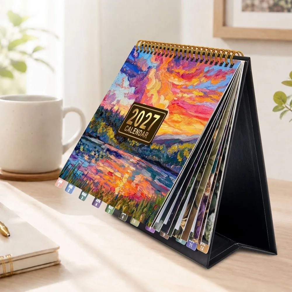 Floral Pattern 2027 Desk Calendar Spiral Bound Decorative Standing Flip Calendar Coil Binding Standing Design Table Calendar