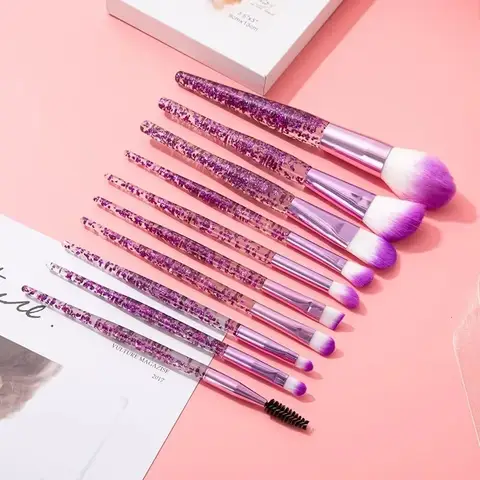10Pcs Crystal Handle Makeup Brush Set Multi-Function Kit Artificial Fiber Brushes  for Face Eye Blending Pink/Green/Purple C715