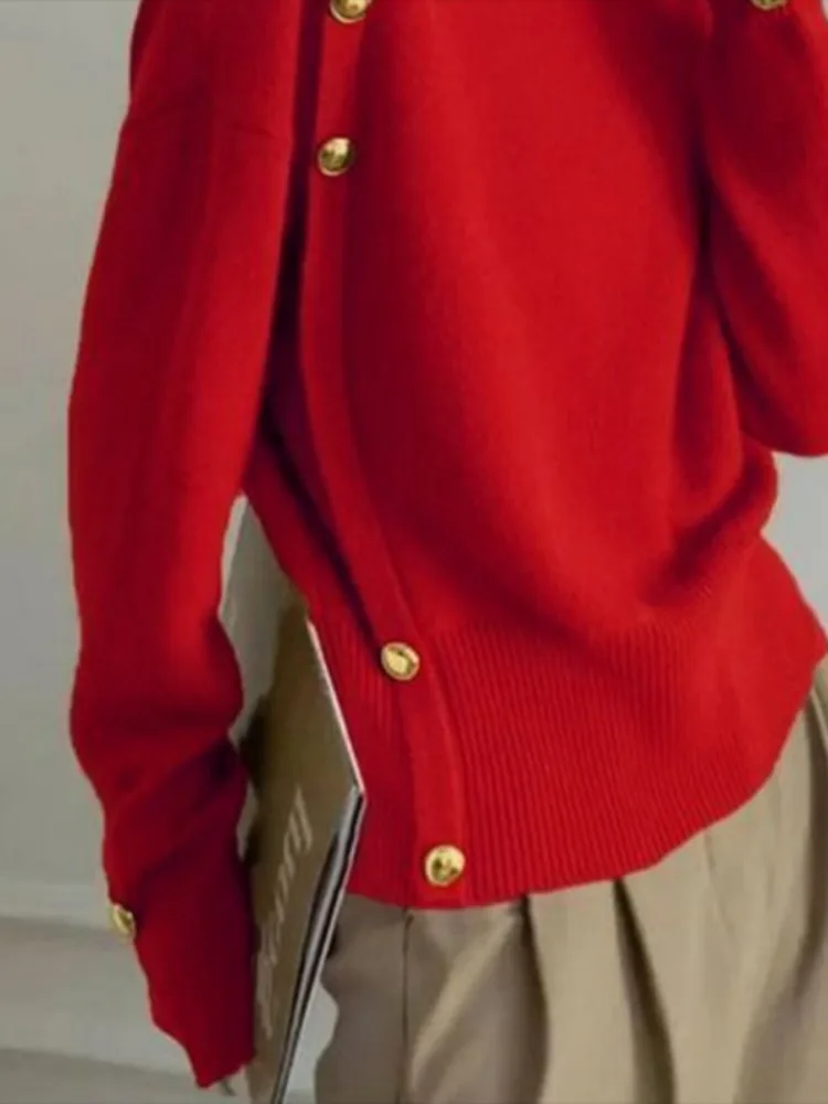 Yeezzi Damen-Pullover, Herbst-Winter, Stehkragen, roter Pullover, lange Ärmel, locker geknöpft, einfarbig, elegant, lässig, Party-Pullover