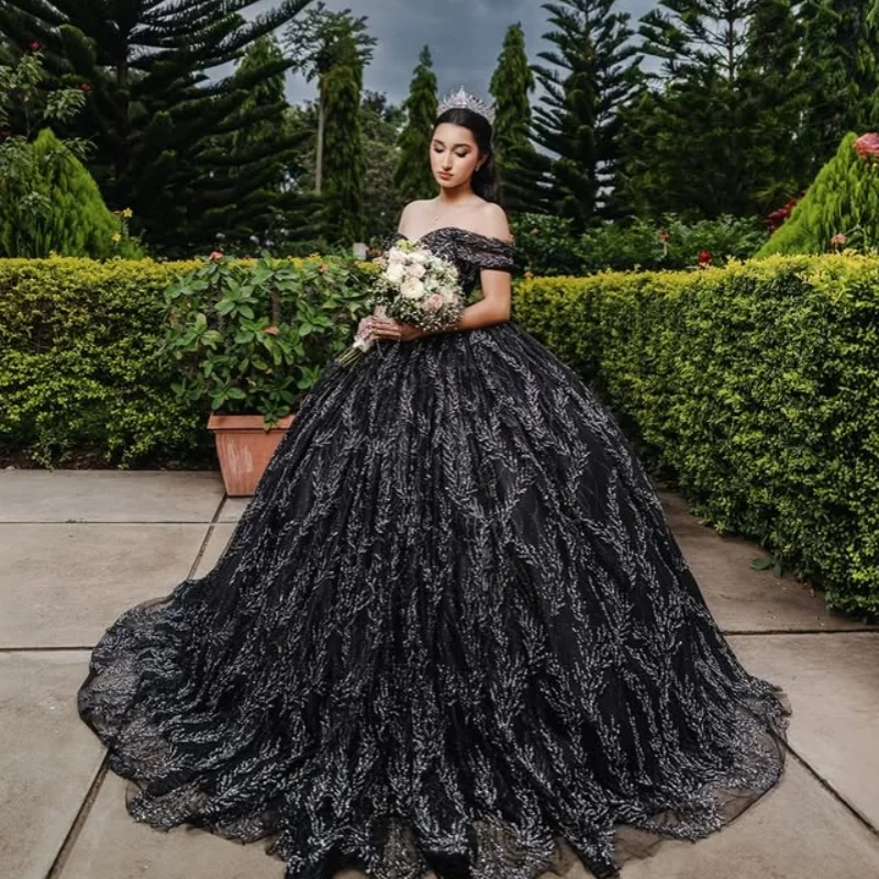 Vestidos De quinceañera negros brillantes personalizados con hombros descubiertos, calcomanía De lentejuelas, Vestido De cola larga De encaje, 15 quinceañera