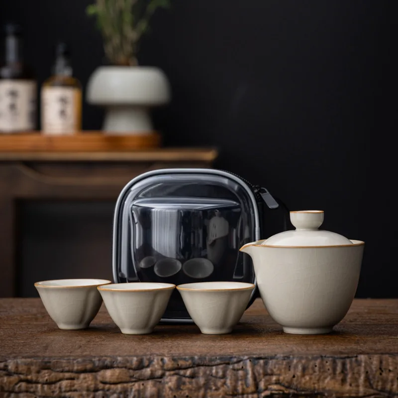 Ru Kiln Travel Set One Pot Three Cups Portable Quick Outdoor Tea Drinking Single Ceramic Teapot Cup