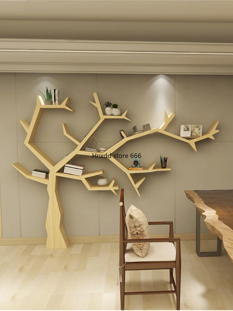 Creative Solid Wood Tree-Shaped Bookshelf Living Room TV Background Display Decoration Shelf Floor Wall-Mounted Bookcase