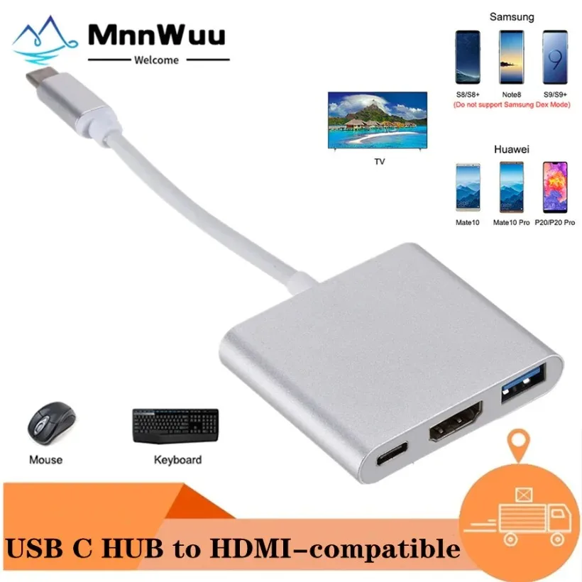 MnnWuu USB C HUB to HDMI-compatible For Macbook Pro/Air Thunderbolt 3 USB Type C Hub to HDMI-compatible USB 3.0 Port USB-C Power